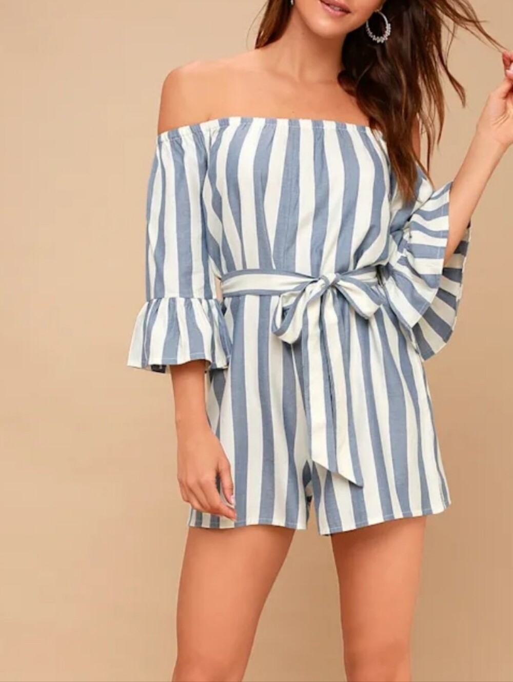 Billabong Fun For Now Romper M Blue White Stripe Off Shoulder Cotton Belted